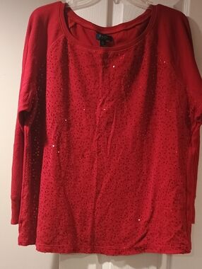 Chaps Red Sequin Long Sleeve Top